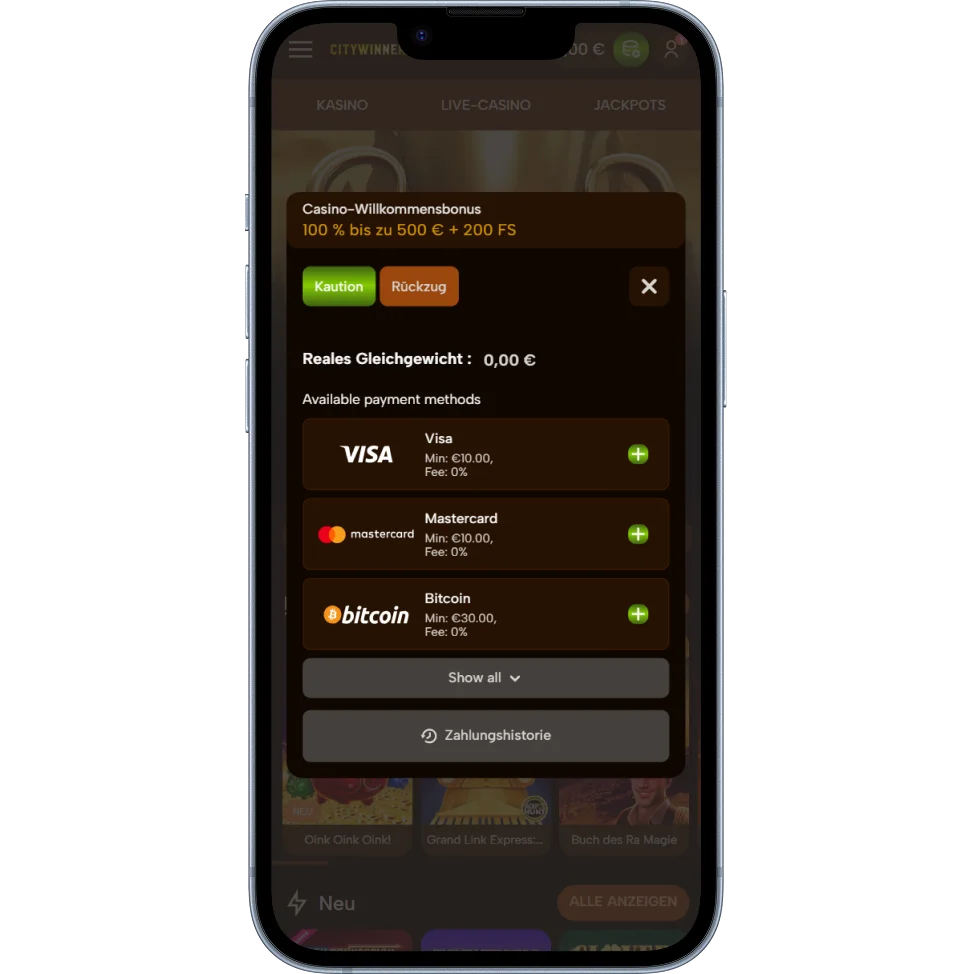 CityWinnerz Casino Einzahlungsmethoden